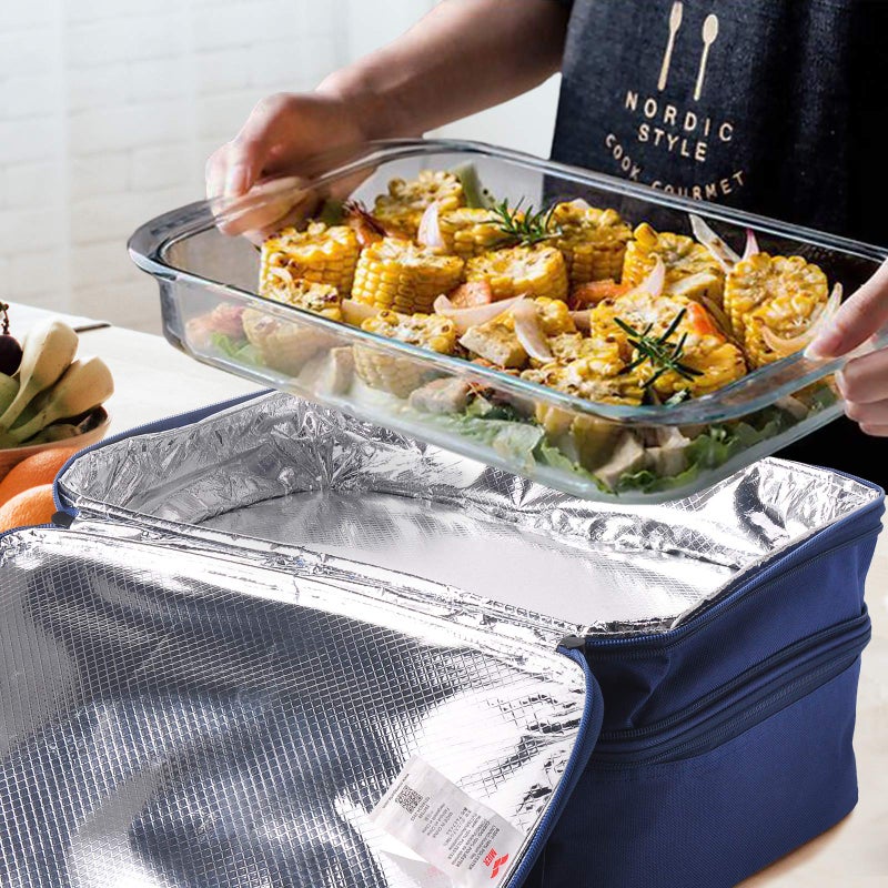 MIER Insulated Double Casserole Carrier Thermal Lunch Tote for Potluck Parties, Picnic, Beach, Fits 9 x 13 Inches Casserole Dish, Expandable by Mid Zipper, Navy - Image 2